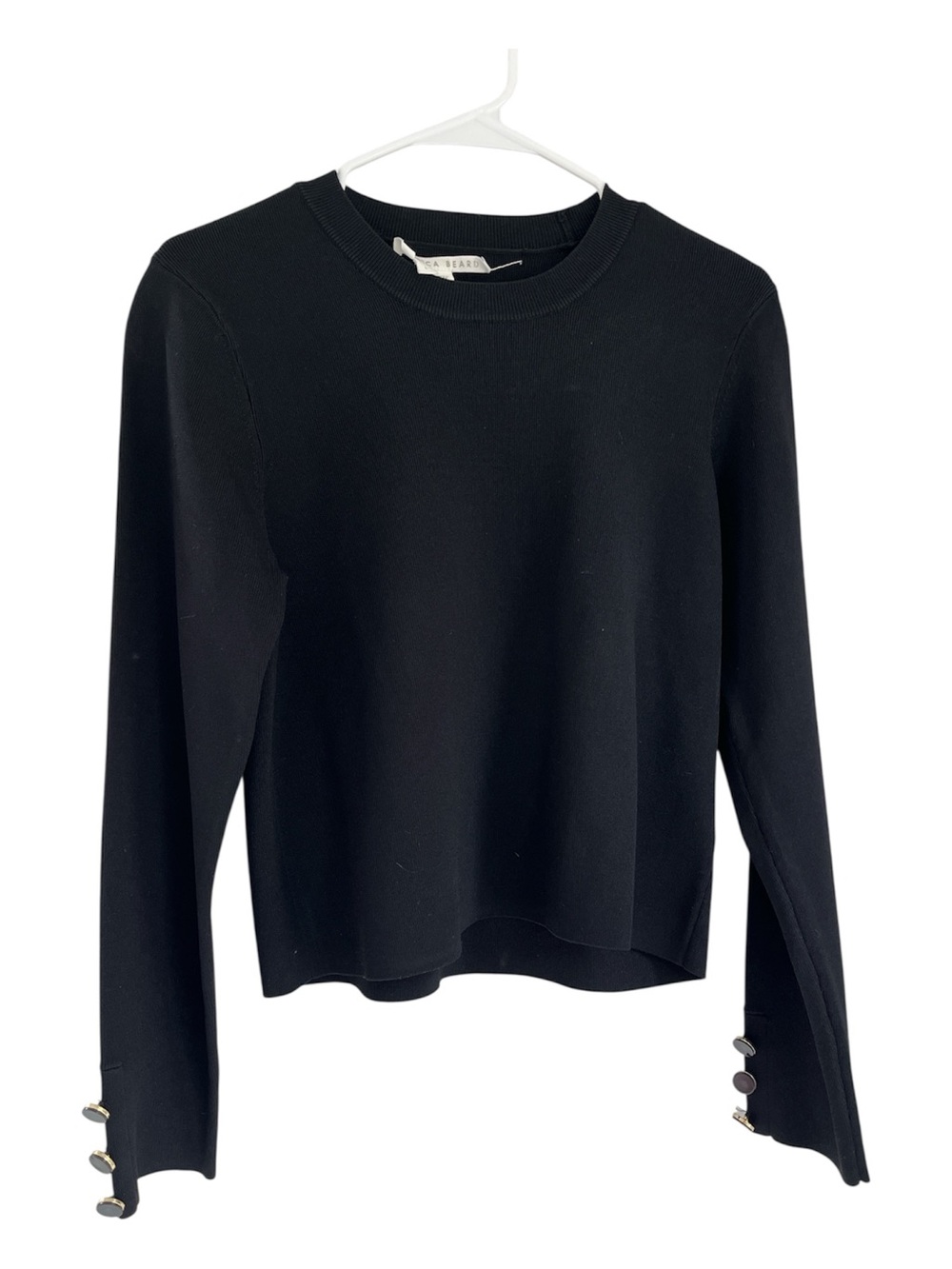 Veronica Beard Black Crewneck Viscose Top with Gold Button Cuff Details L